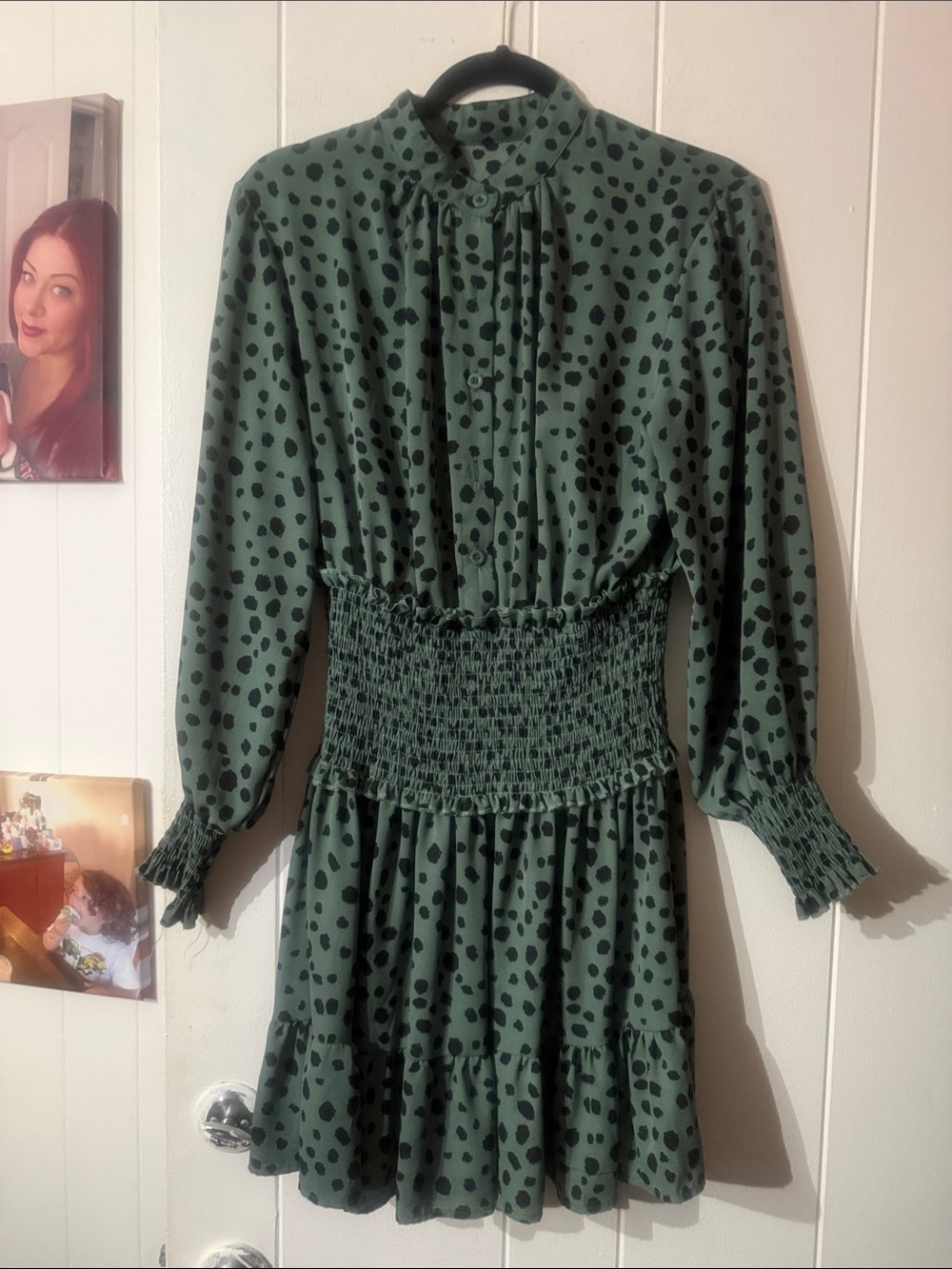 Green Polka Dot Long-Sleeve Smocked Waist Dress